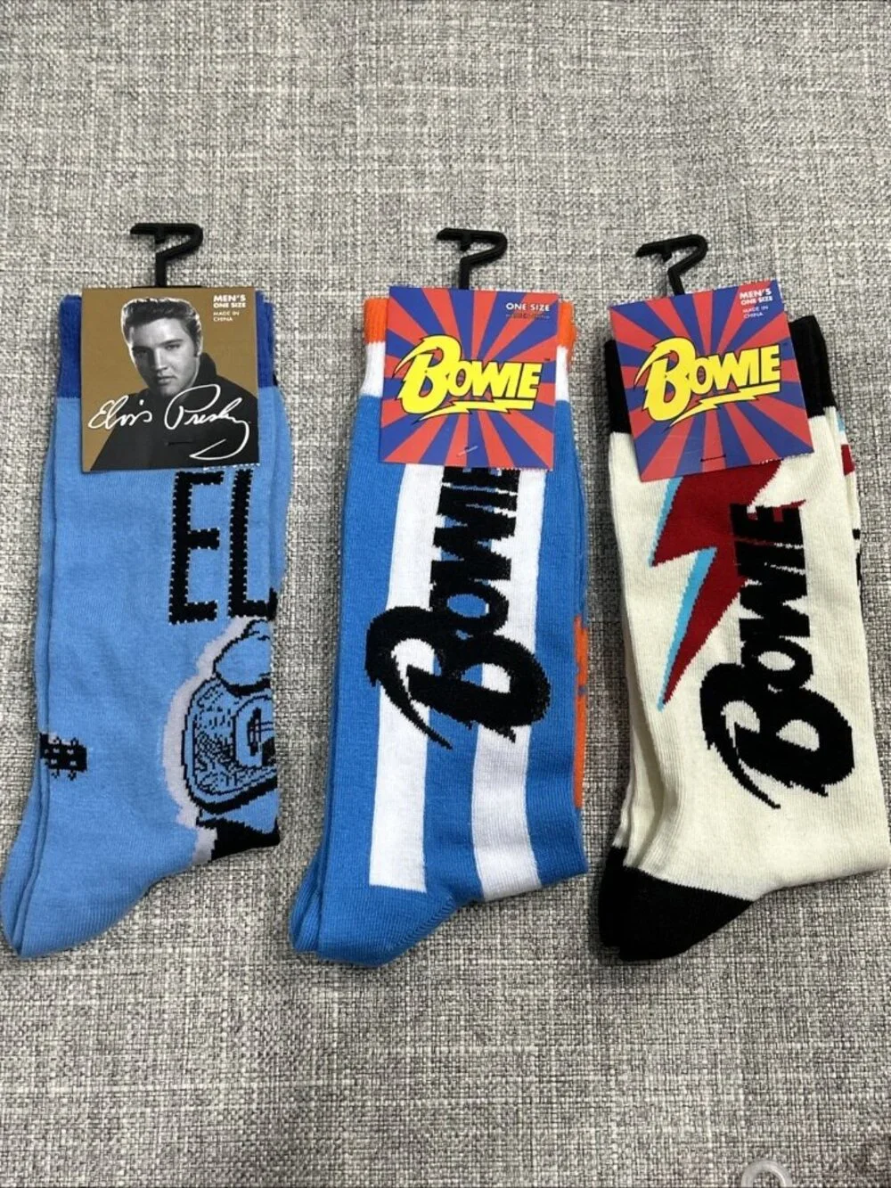 Lot of 3 Novelty Crew Socks Pop Culture Elvis Presley, Rock N Roll, David Bowie
